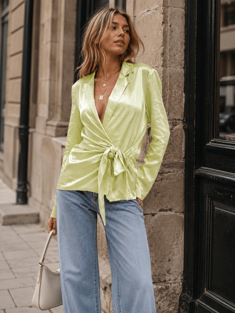 Lime Satin Wrap Blouse with Tie Detail